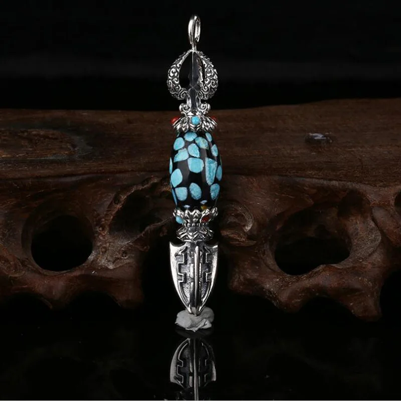 100% 925 silver Turquoise Tibetan Pendant Tibetan Dorje amulet pendant vintage sterling Buddhist Pendant