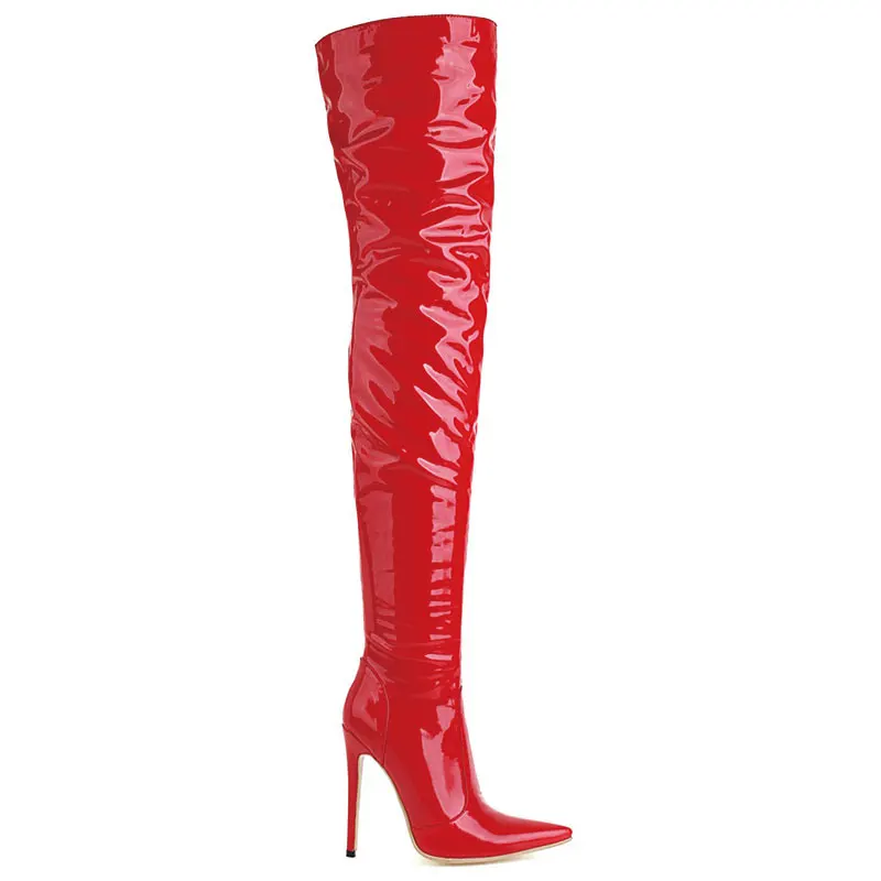 Sgesvier 2021 New Sexy Over the knee Long Boots  High Heel Patent leather Autumn Winter Women Shoes Black Red White Size 32-49