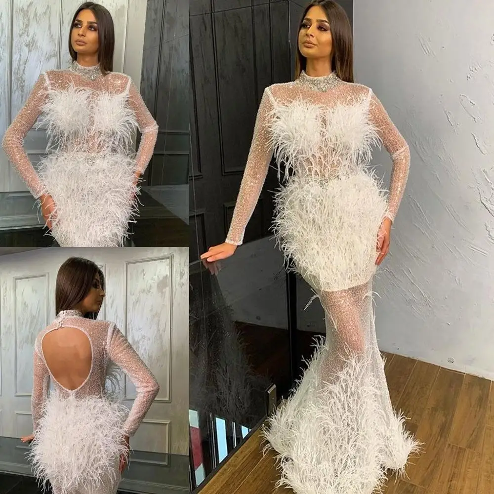 

2020 Sparkly Mermaid Prom Dresses High Neck Lace Feather Crystal Long Sleeve Evening Dress Custom Made Sexy Robes De Mariée