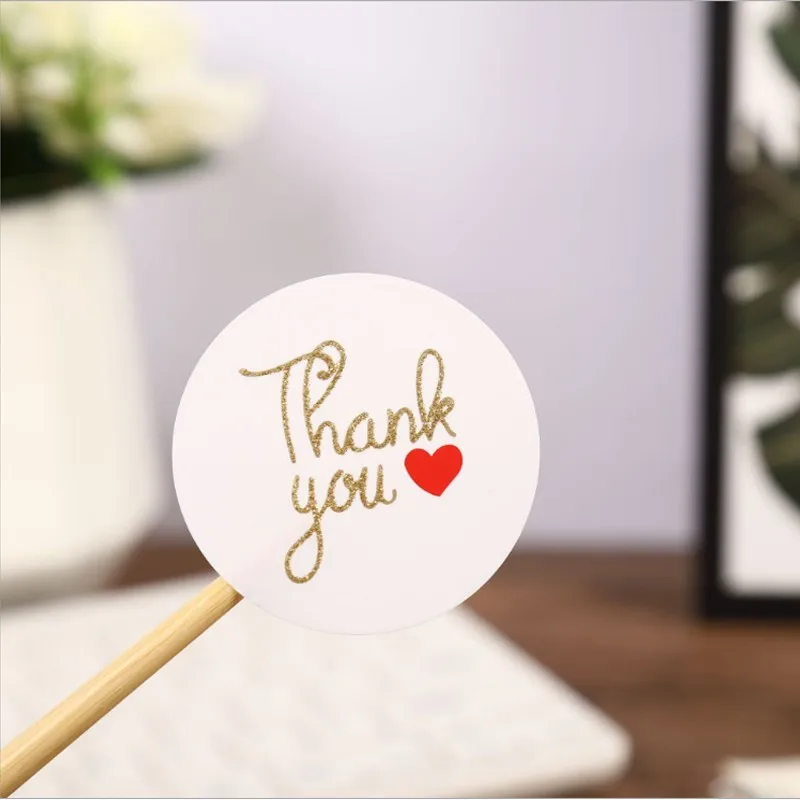 80pcs/pack Thank you golden glitter red heart on white sealing sticker Golden powder shiny for Carton Box 5CM