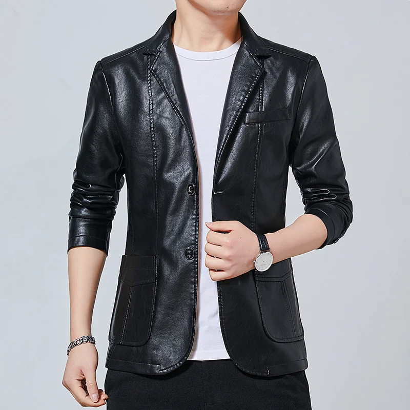 Business Men Casual Blazer Slim Fit Turn-down Collar Short Pu Leather Coat Spring Single Breasted Black Outerwear Plus Size 4XL