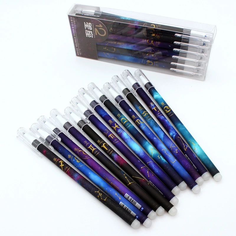 Blue Constellation Erasable Gel Caneta De Tinta, 0,5mm Rod, Punho Lavável, Escrita Papelaria, Bonito, 12Pcs