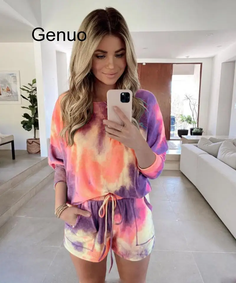 

2020 Women Casual 2 Piece Set Printed Long Sleeve Top And Shorts Homesuit Nightgown Summer Tie-dye Clothes Sets Women's Outfits