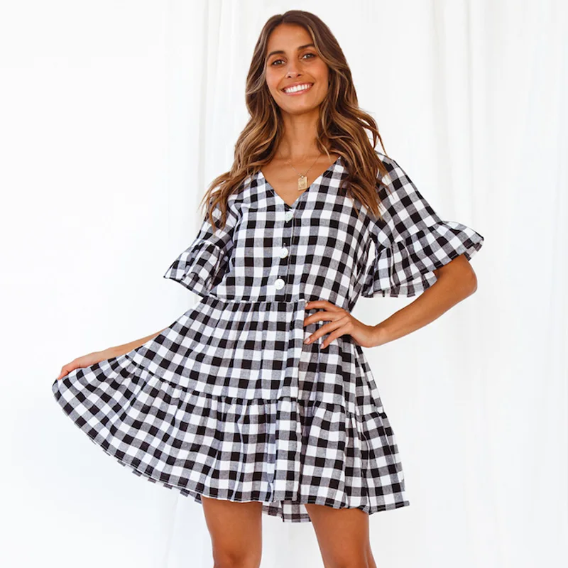 

Ardm Casual V Neck With Button Plaid Black Summer Dress Ruffled Short Sleeve Loose Mini Dress