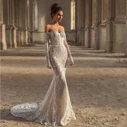 Off-The-Shoulder Strapless Ivory Wedding Dresses Floor-Length Full Sleeve Sheath with Applique Backless Zipper Court Train 2021