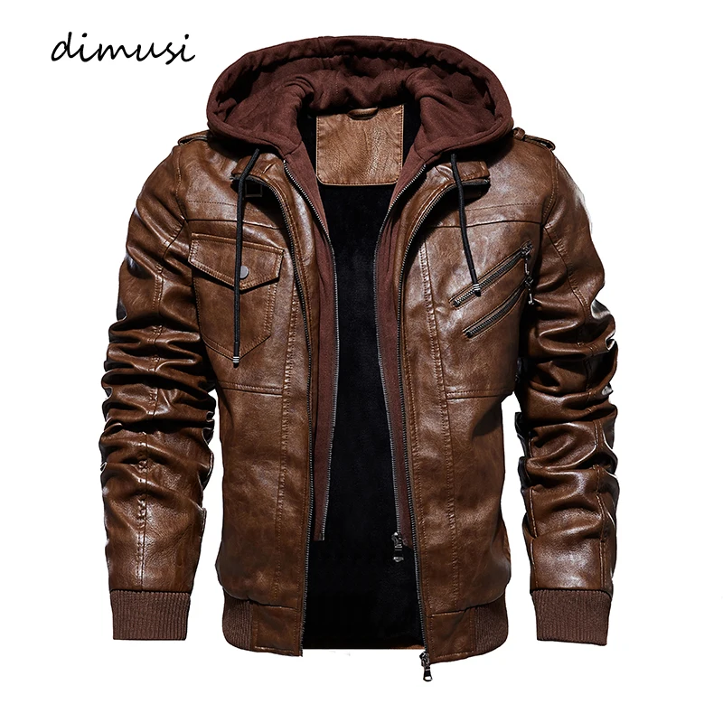 DIMUSI Autumn Winter Men\'s Leather Jackets Casual Mens Motorcycle PU Jacket Biker Leather Windbreaker Hooded Coats Clothing