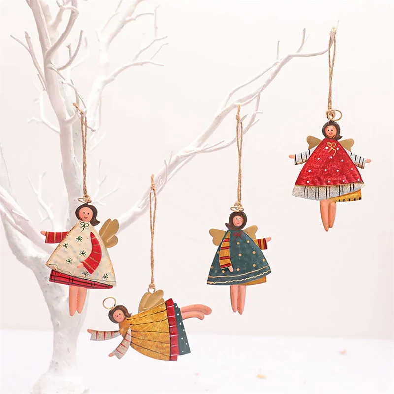 Zollor 4 Pieces of Christmas Metal Angle Tree Ornaments Little Angels With Linen Hanging Rope for Christmas Tree Decoration