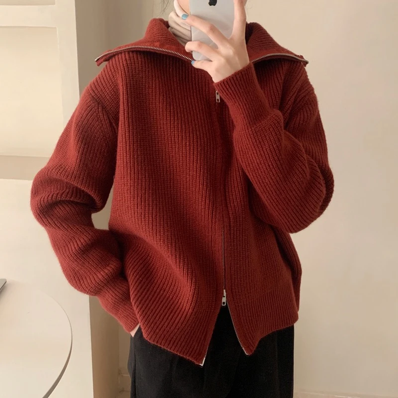 LMQ NEW Double Zipper Sweater Women Autumn Winter Lapel High Neck Thick Warm Knitted Cardigan Slim Short Pullover Outwear Tops