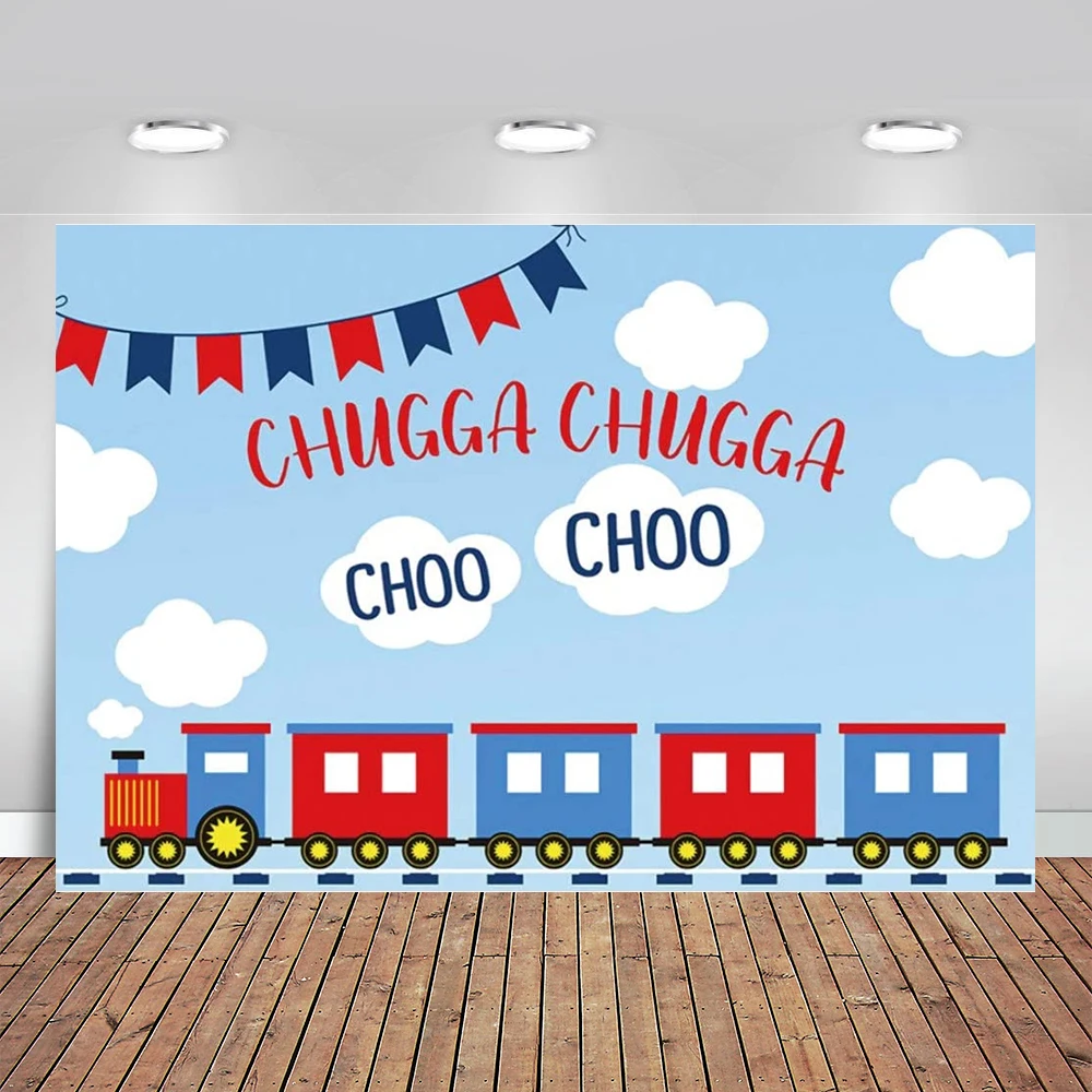 Cartoon Steam Locomotive Backdrop Train Choo Chugga White Clouds Banner Photography Background Birthday Party for Boy Party