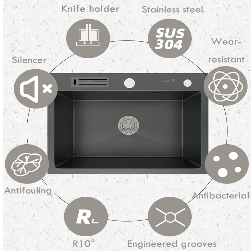 Imagem -02 - Topmount Pia da Cozinha com Faca-titular Multifunction Única Bacia de Lavagem Cinza Escuro para Dispositivo Elétrico da Cozinha Aço Inoxidável 304 de