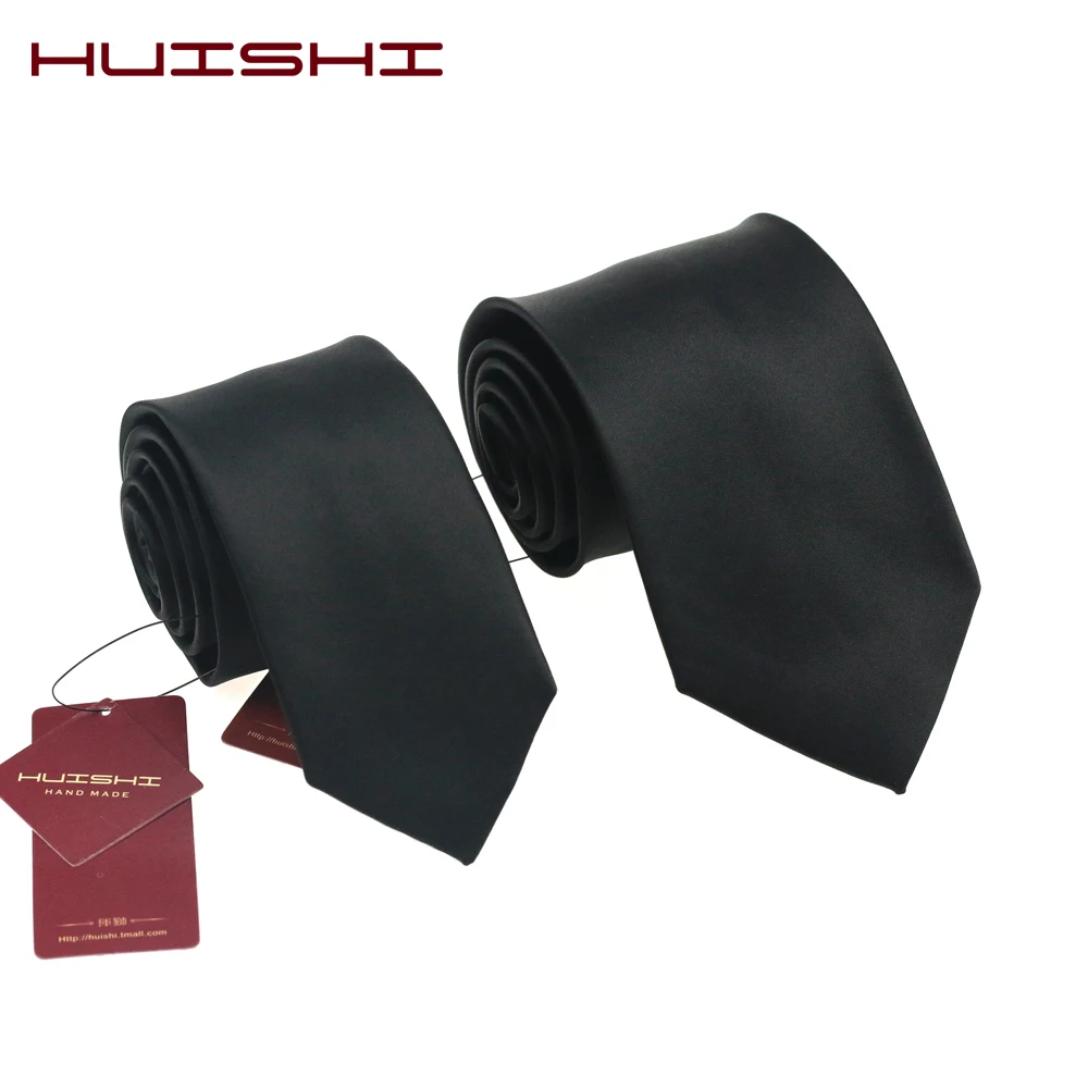 HUISHI ขนาดใหญ่ขายส่ง Simple PLAIN Black Mens TIES 8 ซม.และ 6 ซม.ธุรกิจ Neckties โพลีเอสเตอร์ทอ Jacquard Slim งานแต่งงานของขวัญ