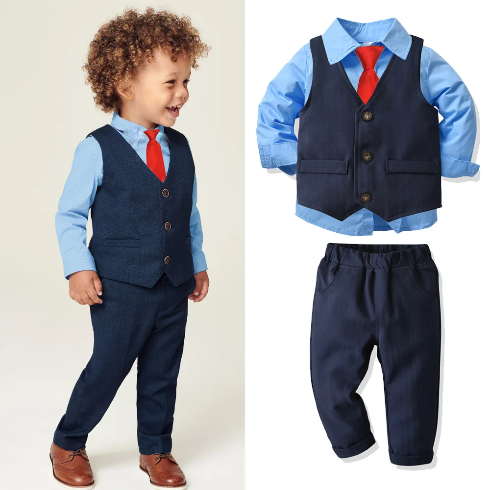 Wedding Attire Kids Toddler Boy Set Formal 2 3 Years Blue Shirt with Tie + Vest + Pants 4 Pieces Kids Boy Ring Bearer Clothes