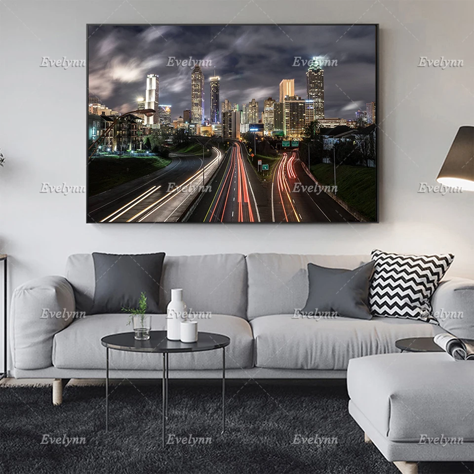 Jackson Street Bridge Posters-Atlanta Skyline- Long Exposure At Midnight -Wall Art Prints Home Decor Canvas Gift Floating Frame