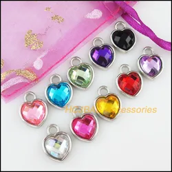 30Pcs Dull Silver Plated Mixed Acrylic Heart Charms Pendants 12.5x16.5mm