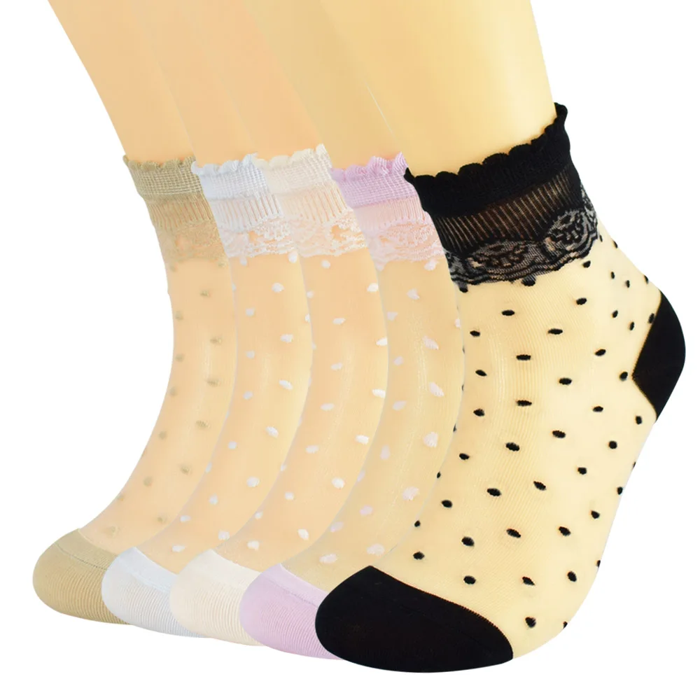 

Womens 5 Pairs Ultrathin Transparent White Purple Nude Black Cotton Dot Lace Elastic Short Socks C1S9