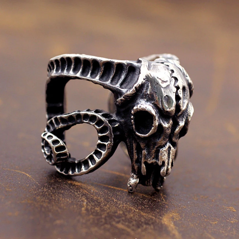 Heavy Metal Satan Baphomet Goat Skull Ring Men Stainless Steel Motor Biker Ring Male Opening Punk Goth Ring Size 7-14