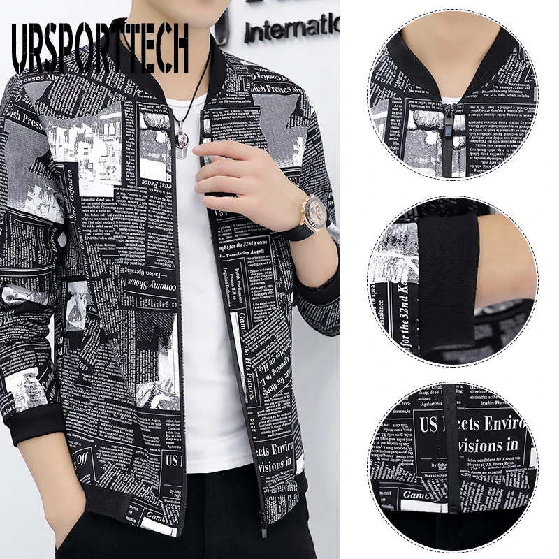 URSPORTTECH Printed Men Jackets Spring Bomber Jackets Male Streetwear Coats Men's Zipper Jacket Casual Streetwear Slim Fit Coat