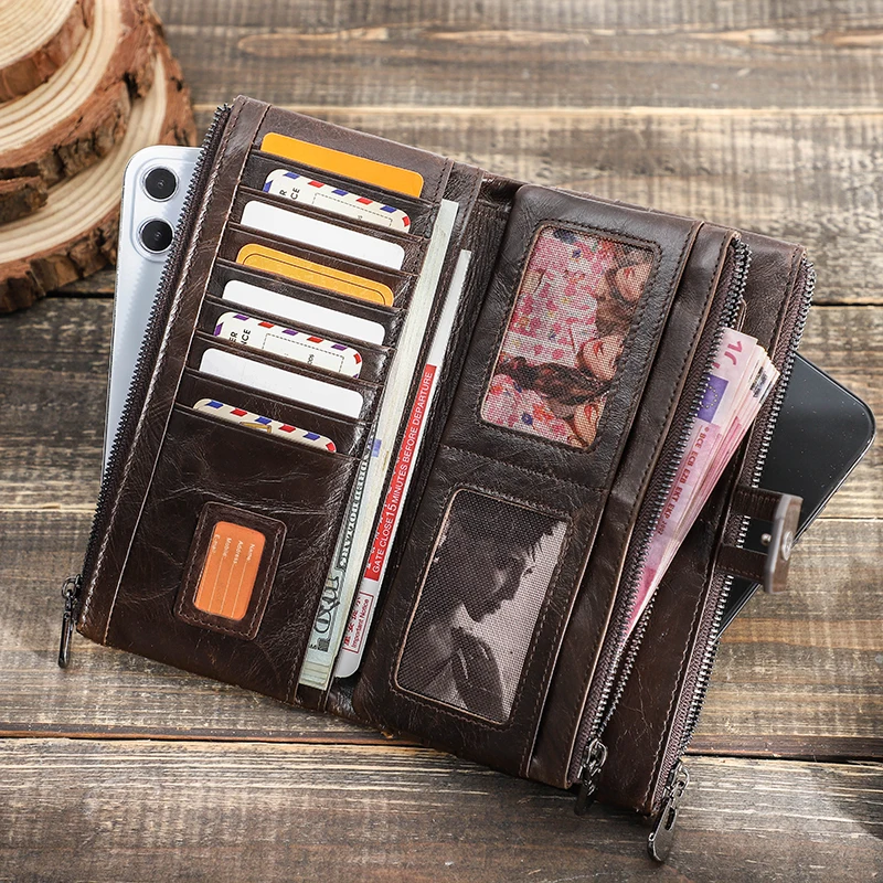 CONTACT\'S Long Wallet Men Genuine Leather Clutch Wallets Rfid Money Bag with Phone Pocket Quality Card Holder Male Coin Purses