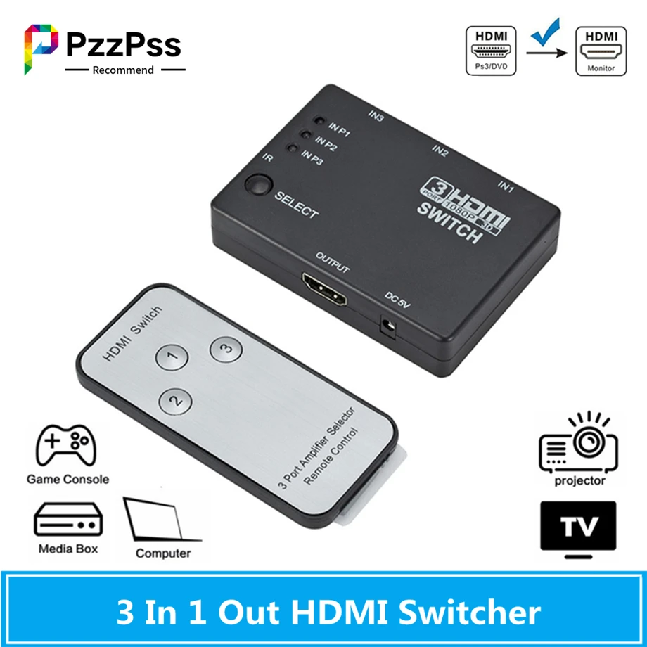 PzzPss HDMI przełącznik 3 w 1 na zewnątrz 3 porty skrzynia rozdzielacza Auto przełącznik 1080p HD 1.4 z pilotem do telewizora HDTV XBOX360 DVD