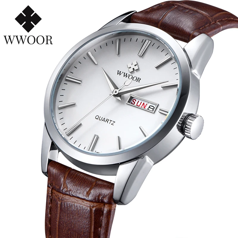 

WWOOR Famous Brand Luxury Sports Business Mens Watch Day Date Analog Quartz Watches Male Brown Leather Casual Wrist Watch Clocks