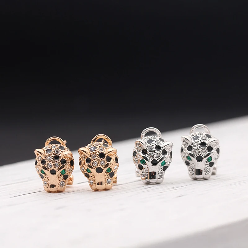 Leopard stud earrings for women black white zircon stone gold plated cool animal clip on earring without piercing no hole