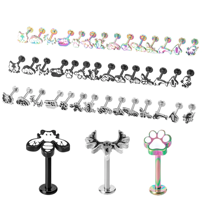 1PC 16G Stainless Steel Animal Style Labret Monroe Lip Ring Cute Ear Studs Tragus Helix Cartilage Earring Stud Piercing Jewelry