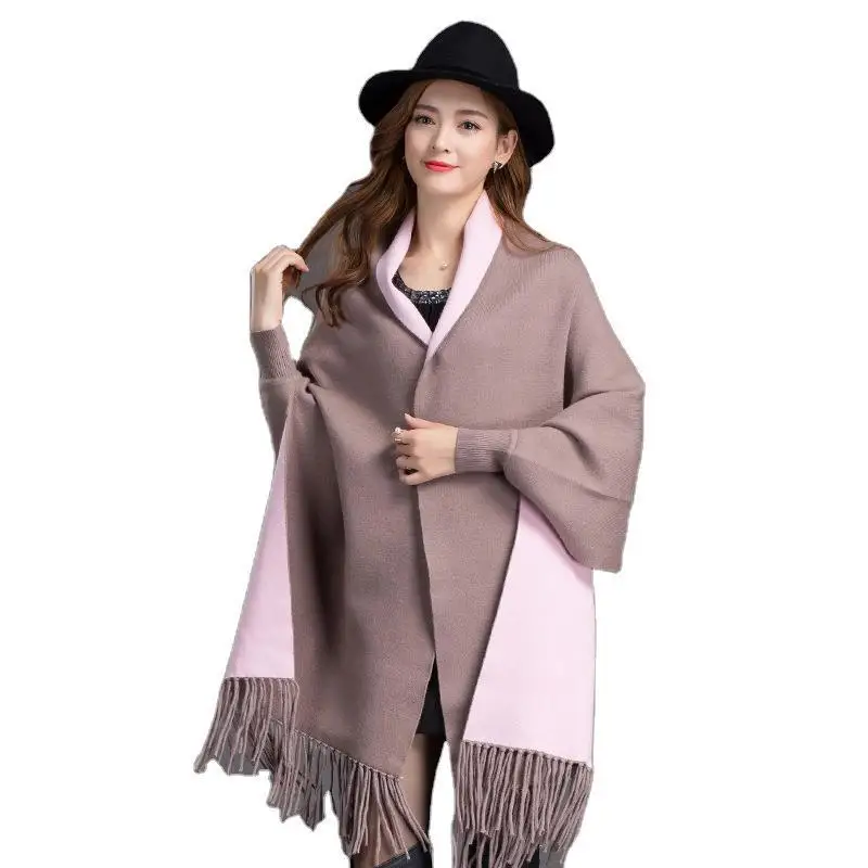 

Women's Autumn Spring Long Cloak Patchwork Oversized Batwing Sleeve with Tassel Open Stitch Casual Coat Ladies Female Outwear