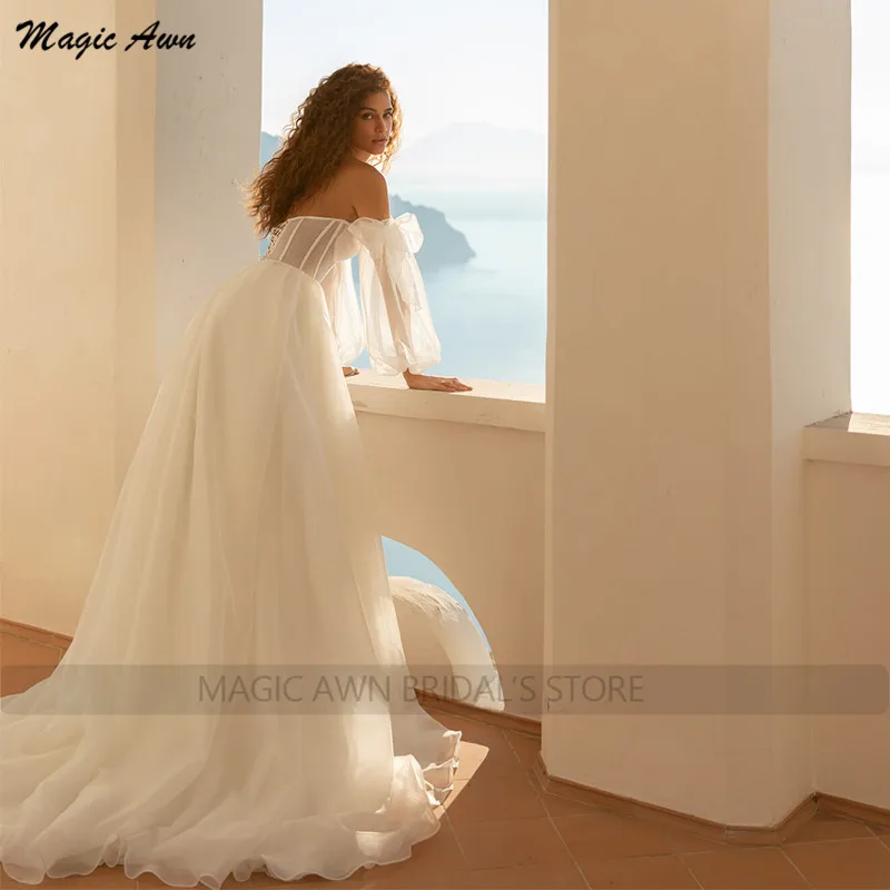 Magic Awn 2024 Beach Wedding Dresses For Women Detachable Long Puffy Sleeves Organza Boho Mariage Gowns Side Split Lace-up Back