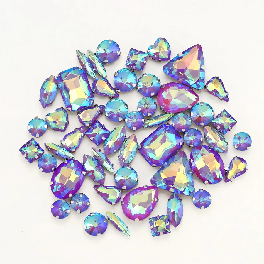 Silberne Krallenfassungen, 50 Stück/Beutel, verschiedene Formen, Regenbogen & Jelly Candy AB Glaskristalle zum Aufnähen, Strass für Hochzeitskleider, Schuhe, Taschen, DIY – Detail 5