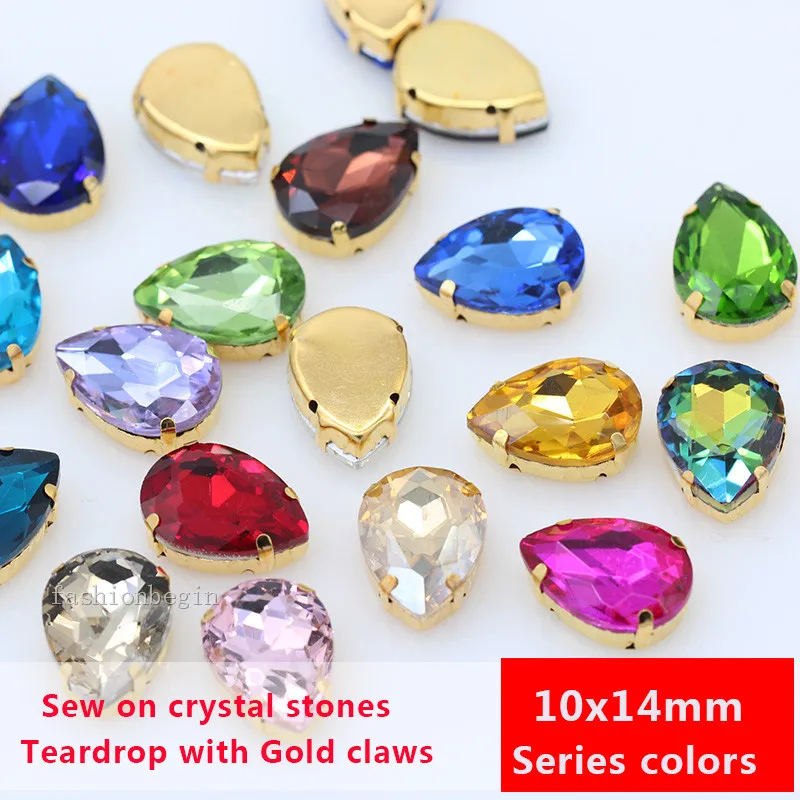 20p 10x14mm teardrop color pointback glass stone sew on crystal rhinestones Droplet jewels gold bottom button for wedding dress