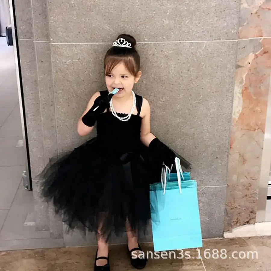 2021 Cute Princess Girl black Tutu children's hairy 2-layer corset Tulle Ballet Tutu with bow tie children's party Cosplay