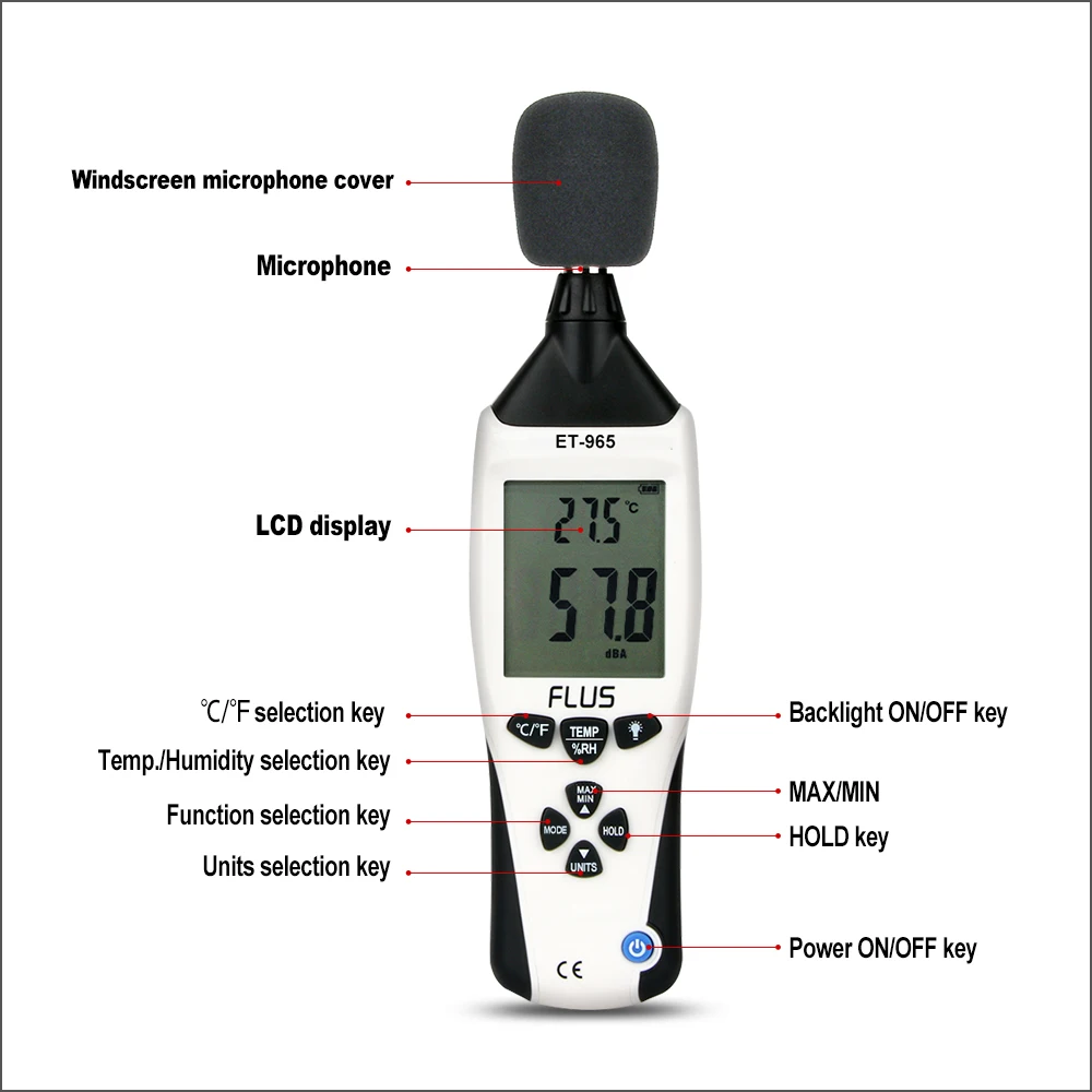 FLUS Digital 5 IN 1 Environment Meter Portable Professional Anemometer Thermometer Humidity Sound Level Meter Ligth Meter