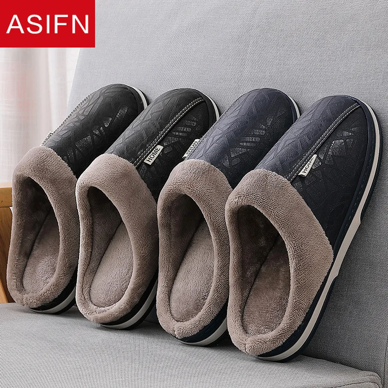 ASIFN-Chinelos de Couro PU Indoor para Homens e Mulheres, Impermeável, Casa, Pele, Masculino, Casal, Liso, Algodão, Chinelo de Inverno, Tamanho