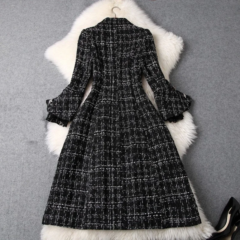 

Women Vintage Crystal Buttons Lace Flare Sleeve Tweed Jacket Slim Fit High Waist Long Coat Elegant Ladies Plaid Twill Overcoat