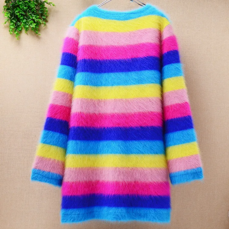 Ladies women thick medium long rainbow stripes angora rabbit fur knitted cardigan long sleeves sweater mink cashmere coat winter