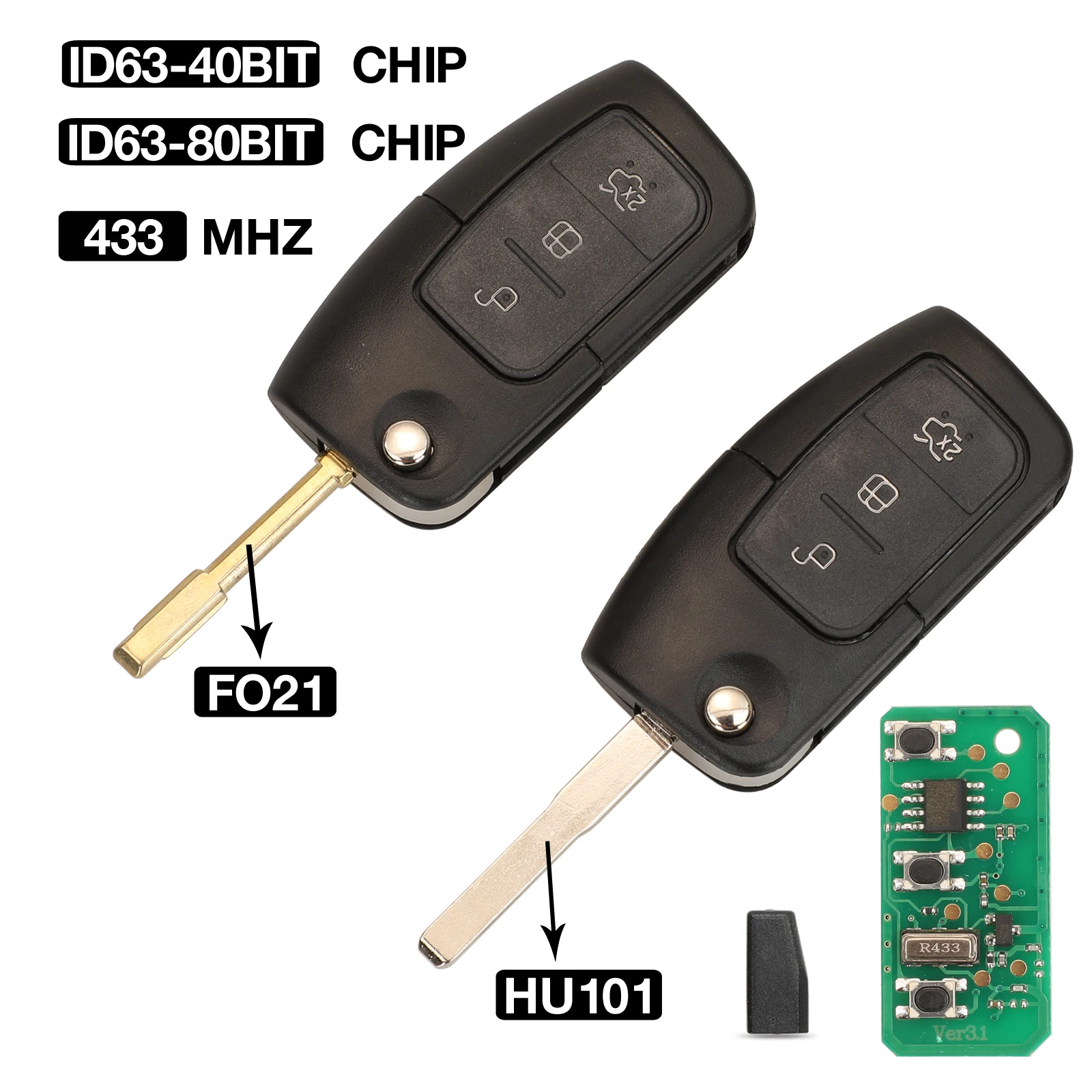 Jingyuqin – clé télécommande à 3 boutons, 433MHz, ASK, pour Ford Focus, Mondeo, C, Max, S, Galaxy, Fiesta, HU101/FO21