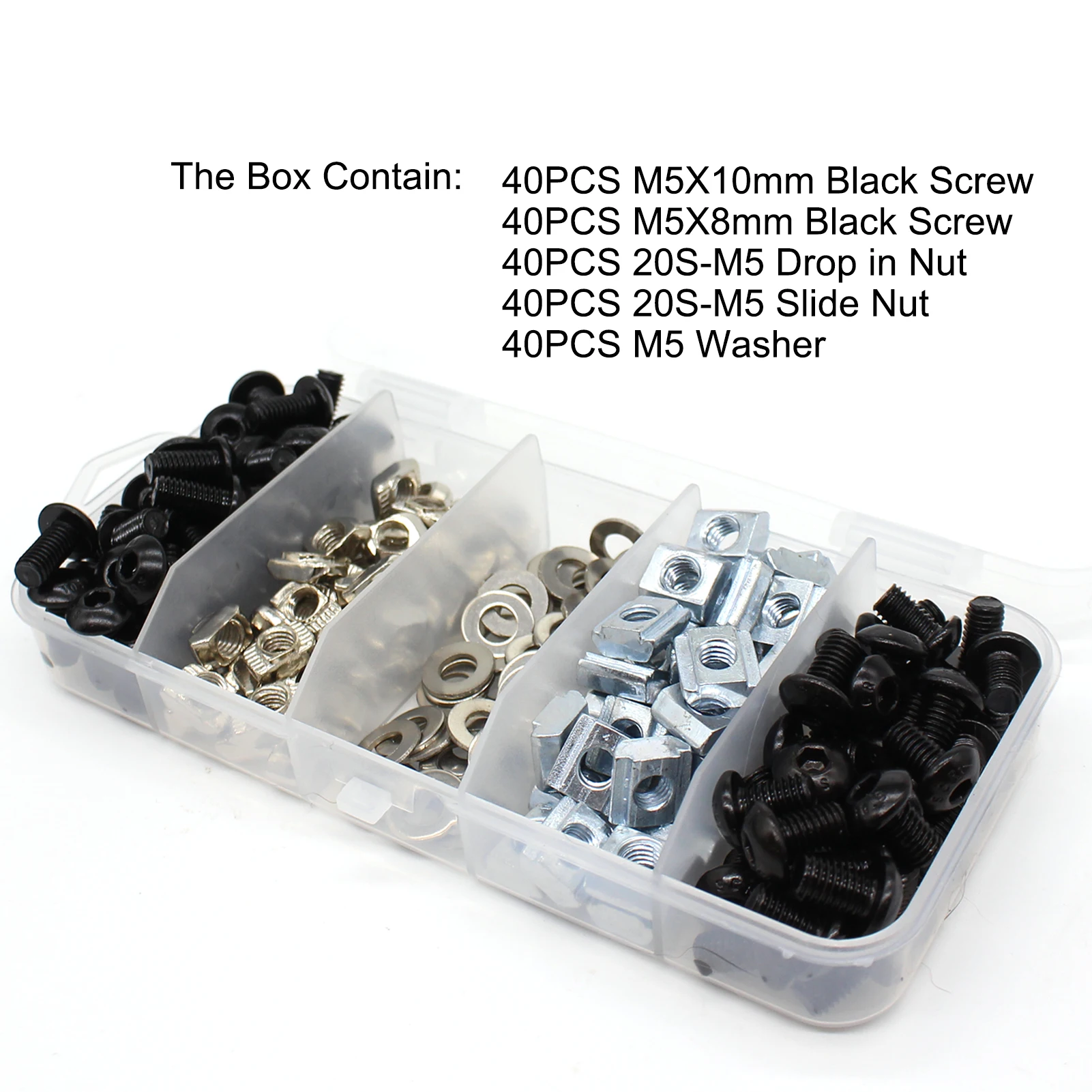 

3D Printer DIY Screw Set M5×8mm M5×10mm Hexagon HEX Socket Screw Bolt With 20S Slide Nut T Nut M5 Washer in Plastic Storage Box