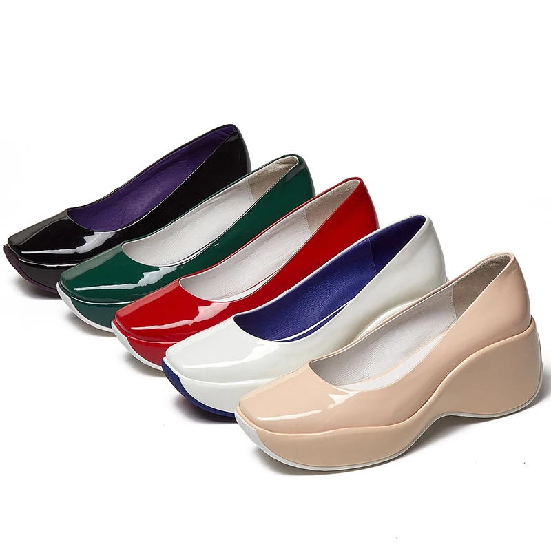 Drestrive Wedges Patent Leather 2021 Summer Classics Women Pumps Square Toe Platform Shallow White High Heel Shoes