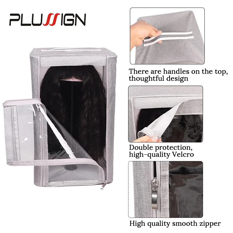 Caja de exhibición de peluca a prueba de polvo para salón, bolsa de transporte manual para pelucas de tupé de cabello, tamaño M para cabello largo y corto, Plussign