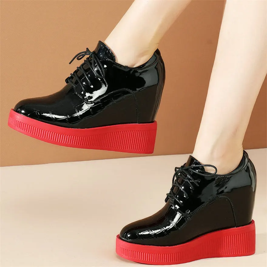 

2025 Vulcanized Shoes Women Lace Up Genuine Leather Wedges High Heel Pumps Shoes Female Round Toe Fashion Sneakers Casual Shoes