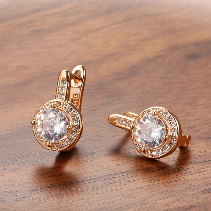 Kinel Simple Round Natural Zircon Stud Earrings For Women Fashion 585 Rose Gold Bridal Wedding Earrings OL Crystal Jewelry Gifts