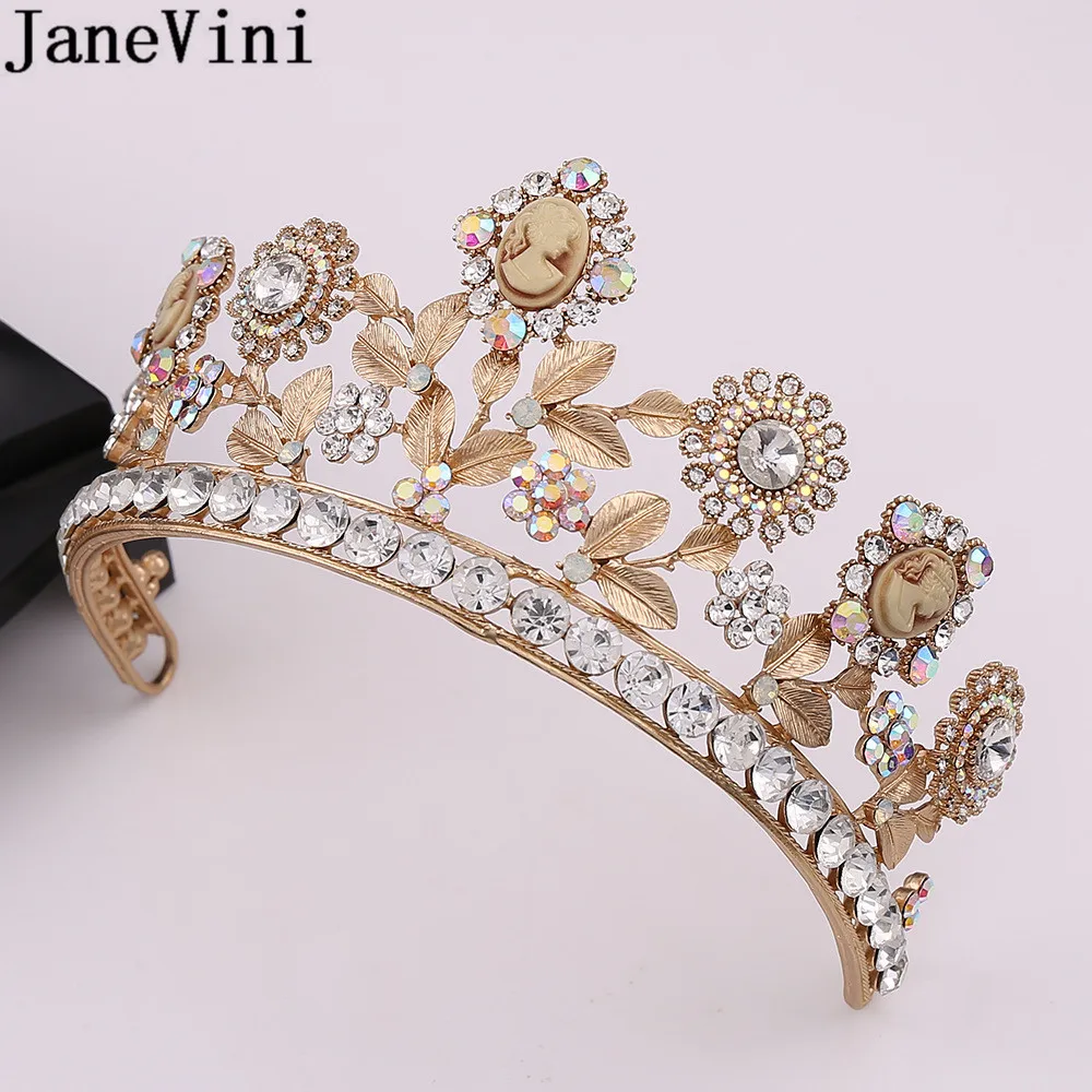 JaneVini Western Style Gold Bridal Tiara Hair Crown Wedding Hair Accessories Crystal Rhinestone Silver Bride Crowns Headband