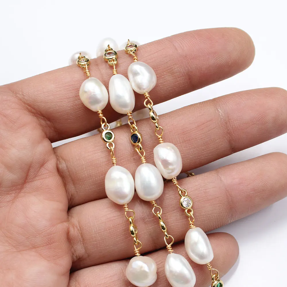 

APDGG 1 Meter 11mm White Keshi Pearl CZ Gold Plated Copper Fashion Bezel Set Chain Paperclip Neck Chain Pearl Necklace Making