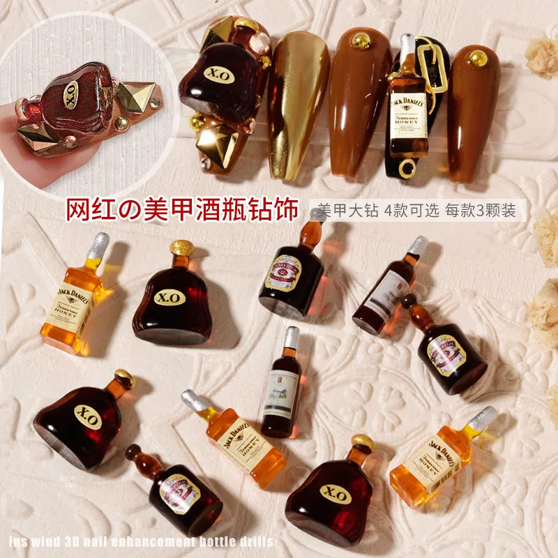 

3*pcs new wine bottle nail charms jewelry manicure nail decoration 3D mini stereo red wine bottle DIY Personality accessories