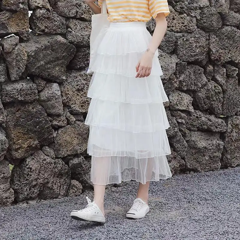 

High Elastic Waist White Tutu Skirt mujer faldas Long Tiered Women Outfits Tulle Skirts Pleated юбка femme jupes