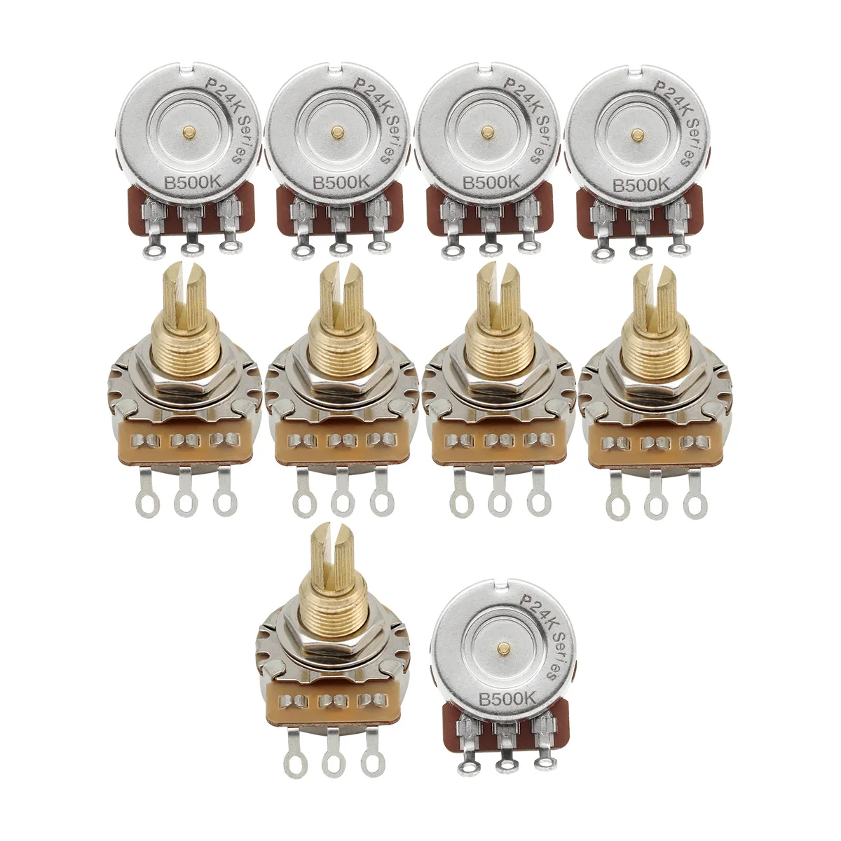 FLEOR 10PCS Brass 24-Tooth Long Split Shaft Guitar Potentiometers Pots 500K Audio / Linear Taper for Guitar Bass