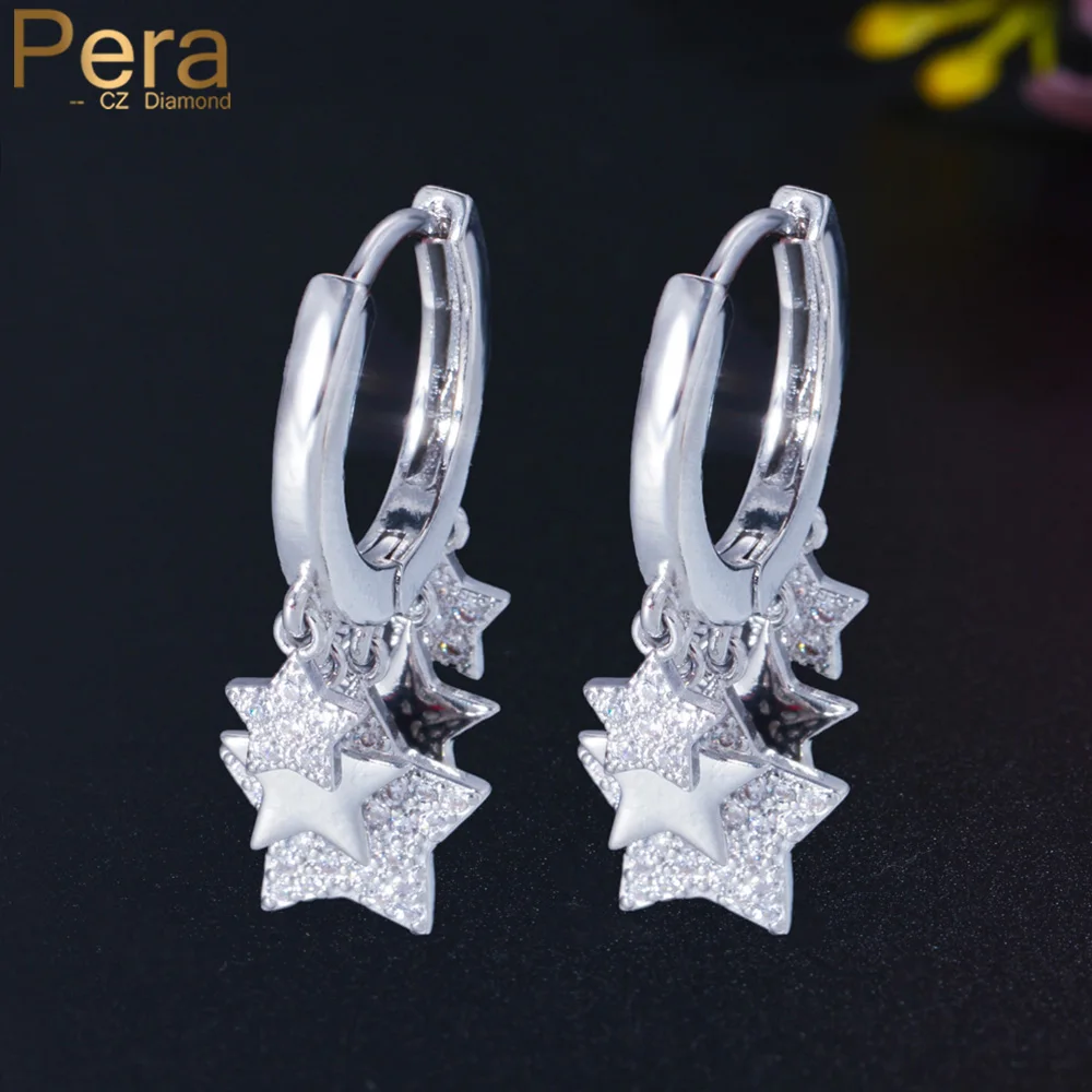 

Pera Shining Tassel Lucky Star Round Hoop Earrings with Charms Cubic Zirconia Silver Color Women Anniversary Jewelry Gift E751