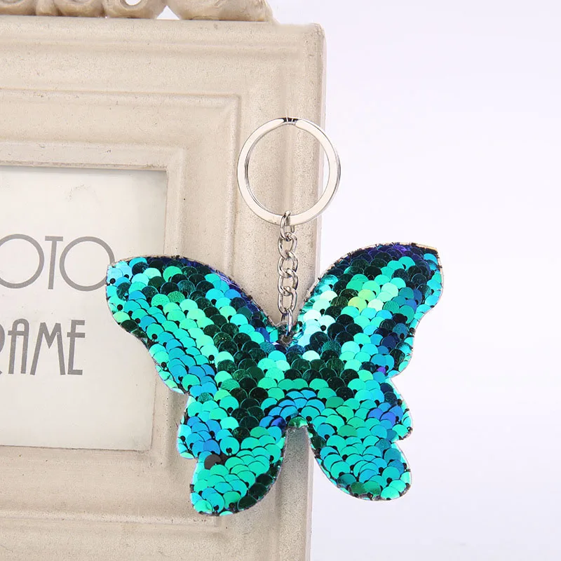귀여운 나비 스팽글 폼폼 키 펜던트 컬러풀한 봉제 나비 인형 어린이 장난감 소녀 가방 펜던트 키체인 선물
