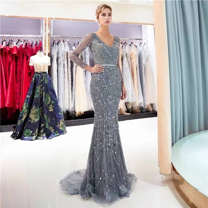 Luxury V-Neck Long Sleeves 2020 for Women Crystal Handmade Elegant Mermaid Evening Dress Long Sleeves Sexy Formal Party Gown