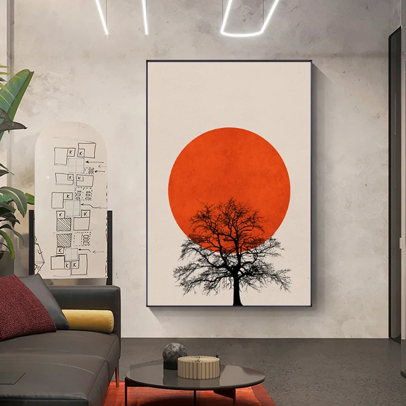 Abstract Orange Red Sunset with Tree Birds Vintage Poster Canvas Painting Wall Art Print Picture Living Room Interior Home Decor